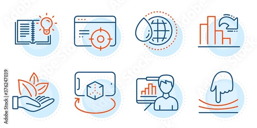 World water, Seo targeting and Product knowledge signs. Elastic, Augmented reality and Organic product line icons set. Presentation board, Decreasing graph symbols. Outline icons set. Vector
