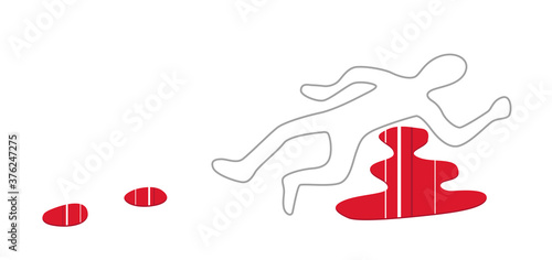 Crime scene of a murder with blood and a silhouette of a man on the floor drawn on the floor. Cartoon style vector illustration.