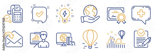 Set of Technology icons, such as Air balloon, Roller coaster. Certificate, save planet. Presentation board, Receive mail, Inspiration. Rfp, Bill accounting, Medical chat. Vector