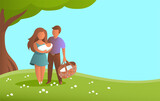 Young parents with a baby in their arms. Beautiful mom and dad are standing in summer clothes under a green tree. Place for your text. Vector cartoon illustration about love in the family.
