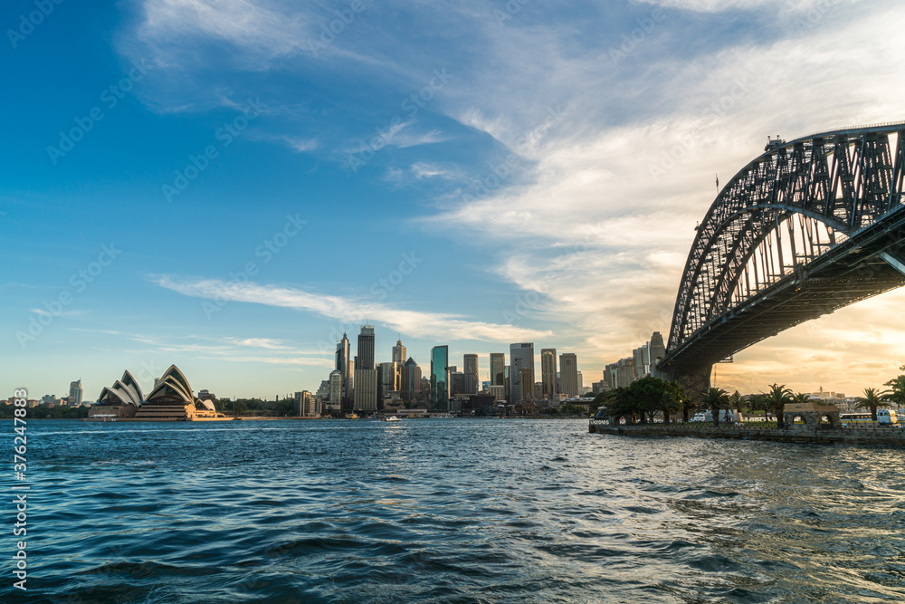 Sydney harbor bridge with Sydney CBD downtown skyline at sunset, Sydney, New South Wales, Australia