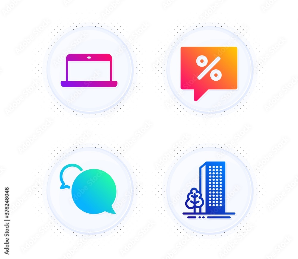 Discount message, Messenger and Laptop icons simple set. Button with halftone dots. Buildings sign. Special offer, Speech bubble, Mobile computer. City architecture. Business set. Vector