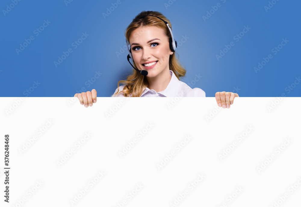 Call Center Service. Customer support or sales agent. Businesswoman or caller or receptionist phone operator showing banner with copy space. Helping, answering, consulting. Blue color background. Call Center Service. Customer support or sales agent. Businesswoman or caller or receptionist phone operator showing banner with copy space. Helping, answering, consulting. Blue color background.