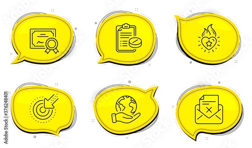 Reject letter sign. Diploma certificate, save planet chat bubbles. Medical prescription, Heart flame and Targeting line icons set. Medicine drugs, Love fire, Click. Delete mail. Business set. Vector