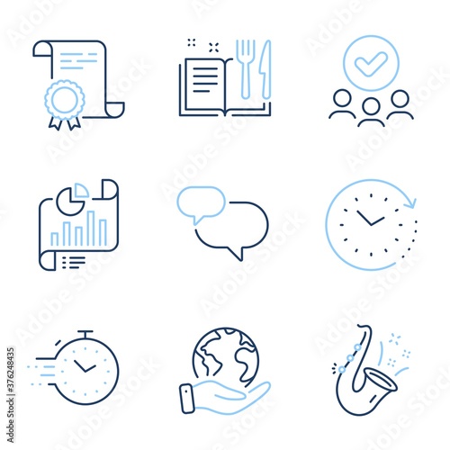 Time change, Jazz and Recipe book line icons set. Diploma certificate, save planet, group of people. Chat message, Report document and Timer signs. Clock, Saxophone, Food. Speech bubble. Vector