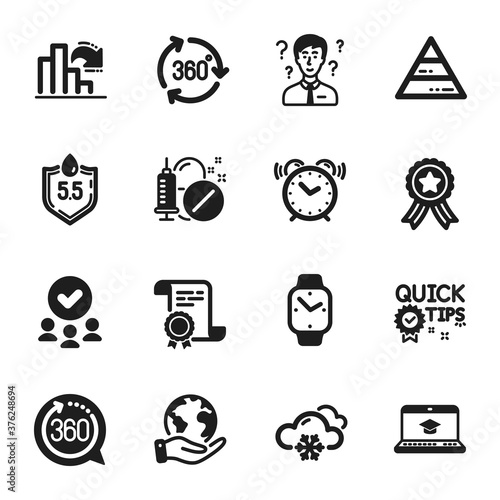 Set of Science icons  such as 360 degrees  Pyramid chart. Certificate  approved group  save planet. Smartwatch  Ph neutral  Quick tips. 360 degree  Medical drugs  Support consultant. Vector
