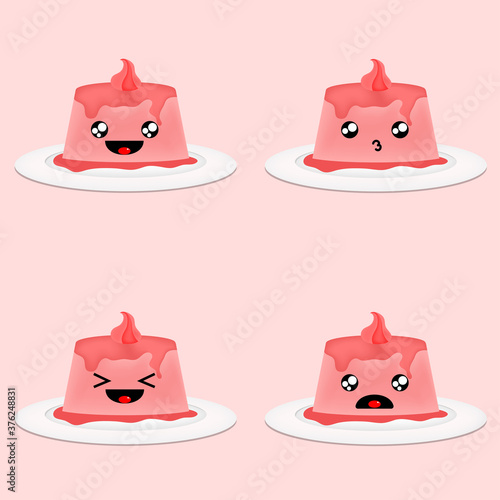 Cute Pink Pudding Cartoon with Different Expressions Character Vector Illustration Collection