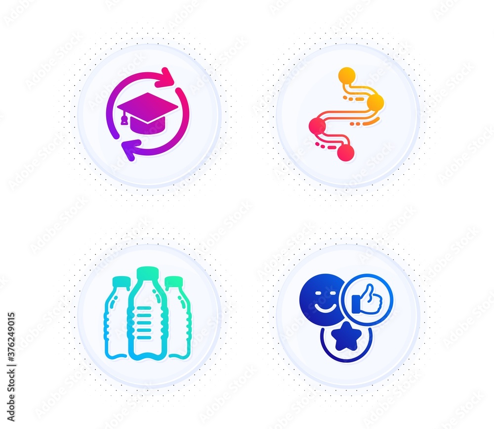 Timeline, Continuing education and Water bottles icons simple set. Button with halftone dots. Like sign. Journey path, Online education, Aqua drinks. Social media likes. Business set. Vector Timeline, Continuing education and Water bottles icons simple set. Button with halftone dots. Like sign. Journey path, Online education, Aqua drinks. Social media likes. Business set. Vector