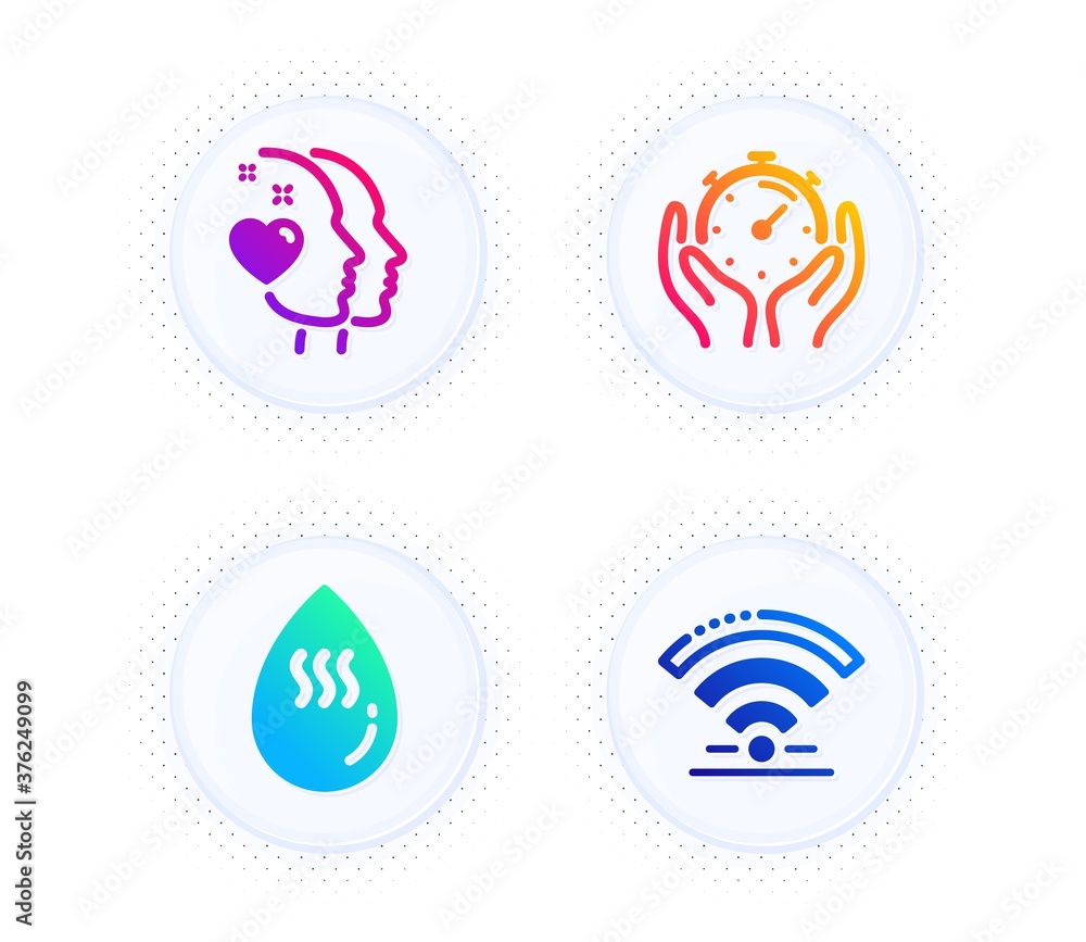 Heart, Timer and Hot water icons simple set. Button with halftone dots. Wifi sign. Love head, Deadline management, Aqua drop. Wireless internet. Business set. Gradient flat heart icon. Vector