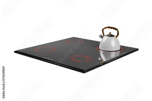 Kettle on an induction hob. induction cooker and kettle isolated on white background. 3d render