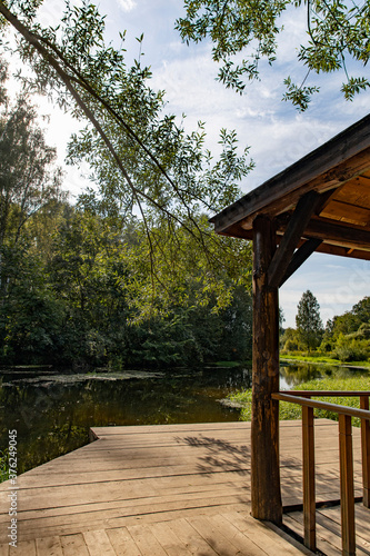 wood pontoon, scenery, europe gardens, calm, board, dock, sunny, reflection, coast, lake, river, water, pier, structure, arch, beach, leisure, relaxation, nature, park, landscape, tree, green, outdoor