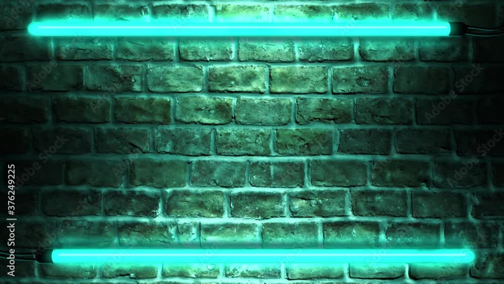 shimmering turquoise neon light on brick wall background shimmering turquoise neon light on brick wall background