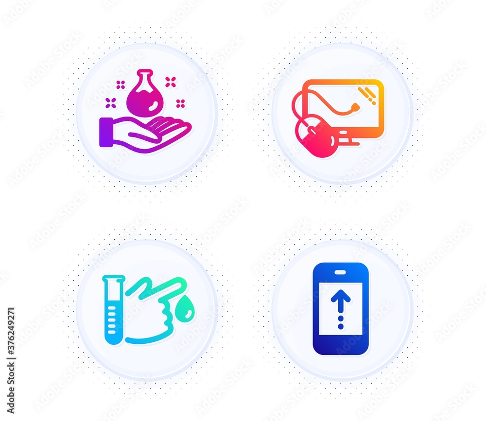 Computer mouse, Chemistry lab and Blood donation icons simple set. Button with halftone dots. Swipe up sign. Pc component, Laboratory, Medicine analyze. Scrolling screen. Science set. Vector