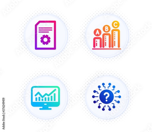 File settings, Statistics and Graph chart icons simple set. Button with halftone dots. Question mark sign. File management, Financial report, Growth report. Quiz chat. Technology set. Vector © blankstock