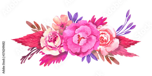 Fototapeta Naklejka Na Ścianę i Meble -  Watercolor floral wreath with roses, peonies, leaves. Hand drawn illustration. Perfect design for your wedding invitation, save the date card, decoration, template, blank, stationery