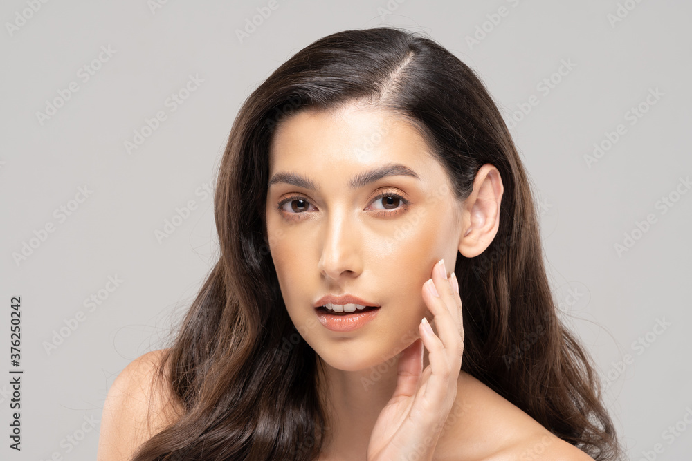 Beautiful Glamour woman touching cheek smile with clean and fresh skin Happiness and cheerful with positive emotional,isolated on grey background,Beauty Cosmetics and spa Facial treatment Concept Beautiful Glamour woman touching cheek smile with clean and fresh skin Happiness and cheerful with positive emotional,isolated on grey background,Beauty Cosmetics and spa Facial treatment Concept
