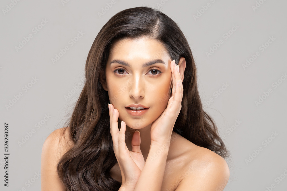 Beautiful Glamour woman touching cheek smile with clean and fresh skin Happiness and cheerful with positive emotional,isolated on grey background,Beauty Cosmetics and spa Facial treatment Concept Beautiful Glamour woman touching cheek smile with clean and fresh skin Happiness and cheerful with positive emotional,isolated on grey background,Beauty Cosmetics and spa Facial treatment Concept