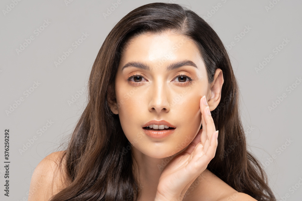 Beautiful Glamour woman touching cheek smile with clean and fresh skin Happiness and cheerful with positive emotional,isolated on grey background,Beauty Cosmetics and spa Facial treatment Concept Beautiful Glamour woman touching cheek smile with clean and fresh skin Happiness and cheerful with positive emotional,isolated on grey background,Beauty Cosmetics and spa Facial treatment Concept