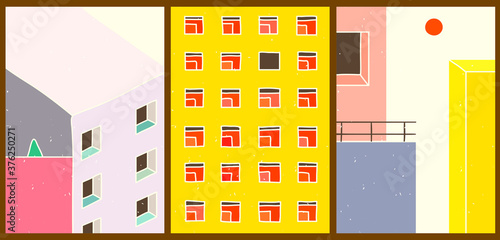 Bright creative cartoon posters. Minimalistic abstract backgrounds for your social networks, stories. Architectural landscapes with different geometric shapes, buildings, windows in vintage style.