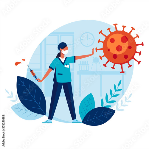 Doctor threatens virus with vaccine.Stop pandemic. Medicine stops epidemic. Doctor with big syringe and vaccine prevents spread of terrible coronavirus. Concept medicine protects people from flu.