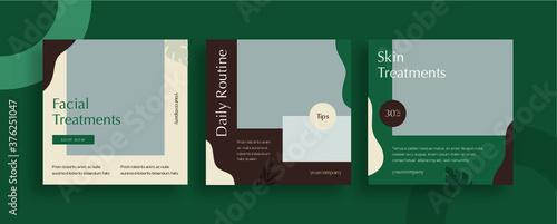 Set of editable templates for Instagram post, Facebook square, corporate, advertisement, and business, store, skincare, fresh design with simple green and brown color. (3/3)