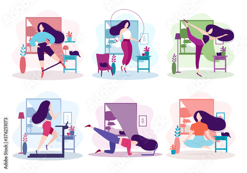 Set of sports activity at home. Fitness and healthy lifestyle. Pretty girl doing meditation in the room, leg swing exercise with elastic band, running on the treadmill. Isolated vector illustration