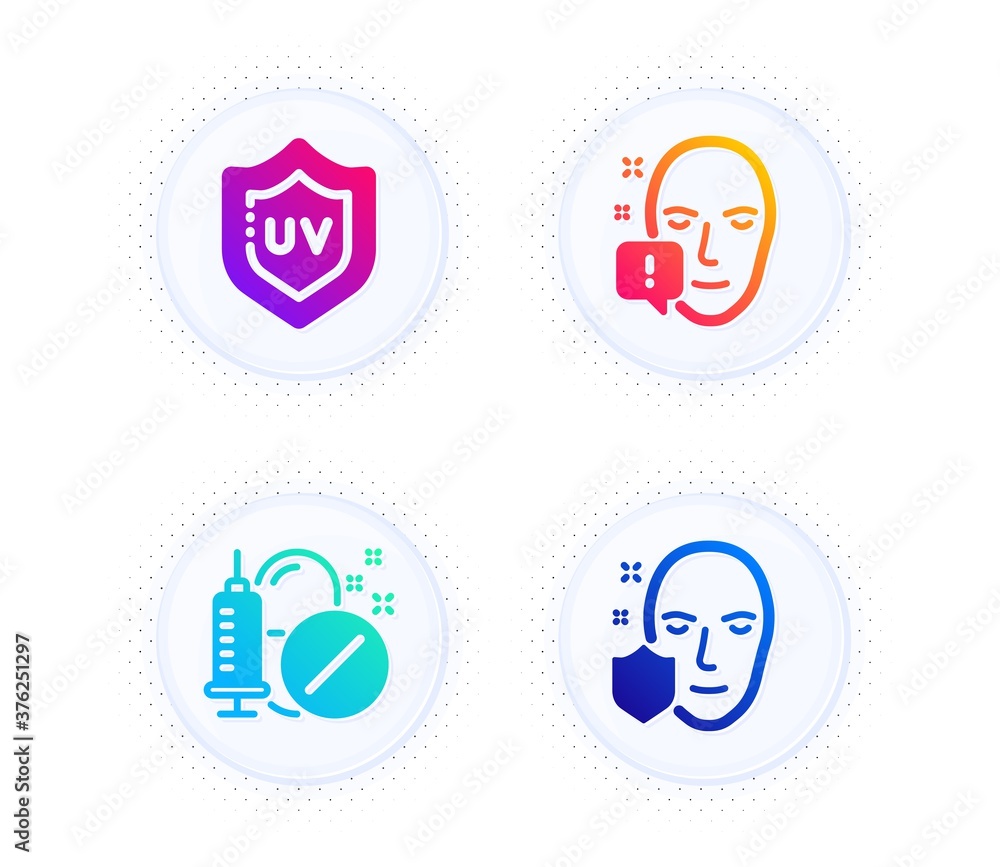 Uv protection, Face attention and Medical drugs icons simple set. Button with halftone dots. Face protection sign. Skin cream, Exclamation mark, Medicine pills. Secure access. Healthcare set. Vector Uv protection, Face attention and Medical drugs icons simple set. Button with halftone dots. Face protection sign. Skin cream, Exclamation mark, Medicine pills. Secure access. Healthcare set. Vector