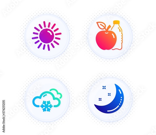 Snow weather, Sun and Apple icons simple set. Button with halftone dots. Moon stars sign. Snowflake, Summer, Diet food. Night. Nature set. Gradient flat snow weather icon. Vector