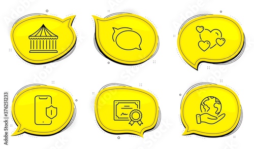 Heart sign. Diploma certificate, save planet chat bubbles. Smartphone protection, Talk bubble and Carousels line icons set. Phone, Chat message, Attraction park. Love rating. Technology set. Vector