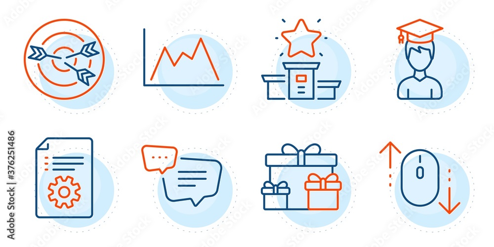 Surprise boxes, Scroll down and Diagram signs. Targeting, Winner podium and Student line icons set. Technical documentation, Text message symbols. Target with arrows, First place. Vector Surprise boxes, Scroll down and Diagram signs. Targeting, Winner podium and Student line icons set. Technical documentation, Text message symbols. Target with arrows, First place. Vector