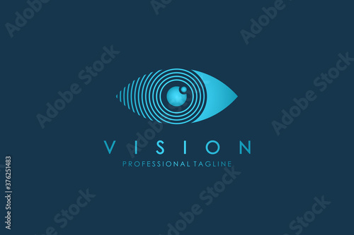 Abstract Eye Vision Logo. Blue Linear Geometric with Arrow Shape isolated on Blue Background. Usable for Business and Technology Logos. Flat Vector Logo Design Template Element