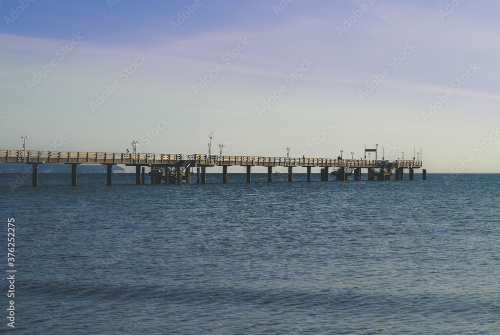 The wooden pier seabridge in Binz at baltic sea in Germany.