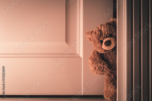 teddy bear peeking out of the door photo