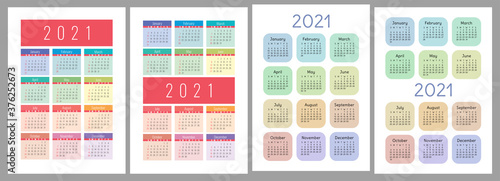 Calendar 2021 year set. Vector pocket or wall square calender design template collection. January, February, March, April, May, June, July, August, September, October, November, December