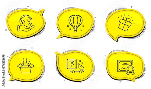 Gift sign. Diploma certificate, save planet chat bubbles. Packing boxes, Air balloon and Truck parking line icons set. Delivery box, Sky travelling, Free park. Marketing box. Vector