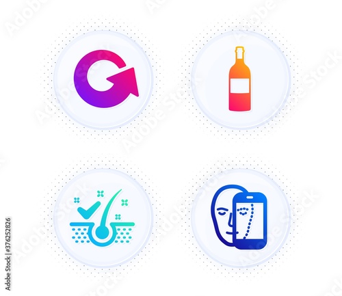 Reload, Anti-dandruff flakes and Wine bottle icons simple set. Button with halftone dots. Face biometrics sign. Update, Healthy hair, Cabernet sauvignon. Facial recognition. Business set. Vector