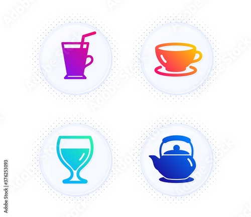 Wine glass  Coffee cup and Espresso icons simple set. Button with halftone dots. Teapot sign. Cabernet wineglass  Latte drink  Coffee cup. Tea kettle. Food and drink set. Vector