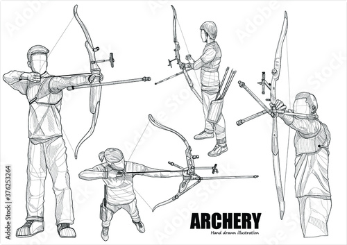 hand draw illustration set of male athlete practicing archery on white background. drawing vector of sport.
