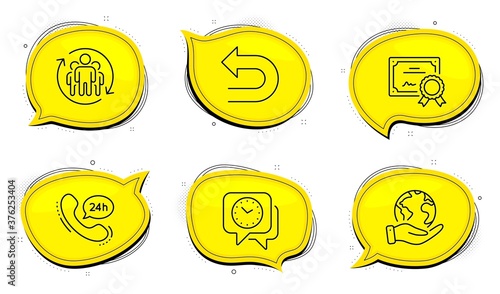 24h service sign. Diploma certificate, save planet chat bubbles. Undo, Clock and Teamwork line icons set. Left turn, Time, Employees change. Call support. Technology set. Outline icons set. Vector