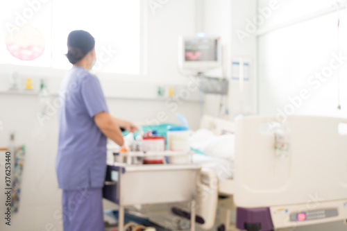 Blur image of nurse working and medical equipment in internal medicine departments at the hospital.