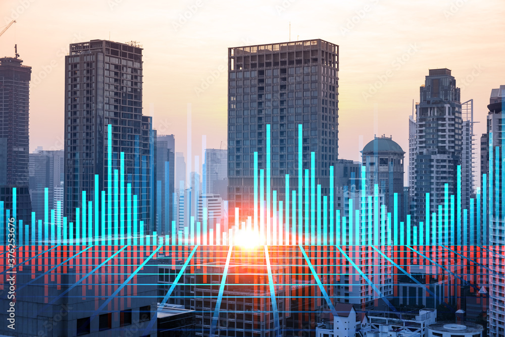 Glowing FOREX graph hologram, aerial panoramic cityscape of Bangkok at sunset. Stock and bond trading in Asia. The concept of fund management. Double exposure.