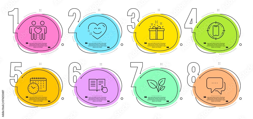 Calendar time, Message and Special offer signs. Timeline steps infographic. Read instruction, Smile chat and Leaves line icons set. Smartphone target, Friends couple symbols. Vector Calendar time, Message and Special offer signs. Timeline steps infographic. Read instruction, Smile chat and Leaves line icons set. Smartphone target, Friends couple symbols. Vector