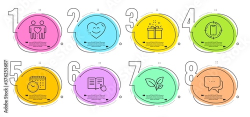 Calendar time, Message and Special offer signs. Timeline steps infographic. Read instruction, Smile chat and Leaves line icons set. Smartphone target, Friends couple symbols. Vector