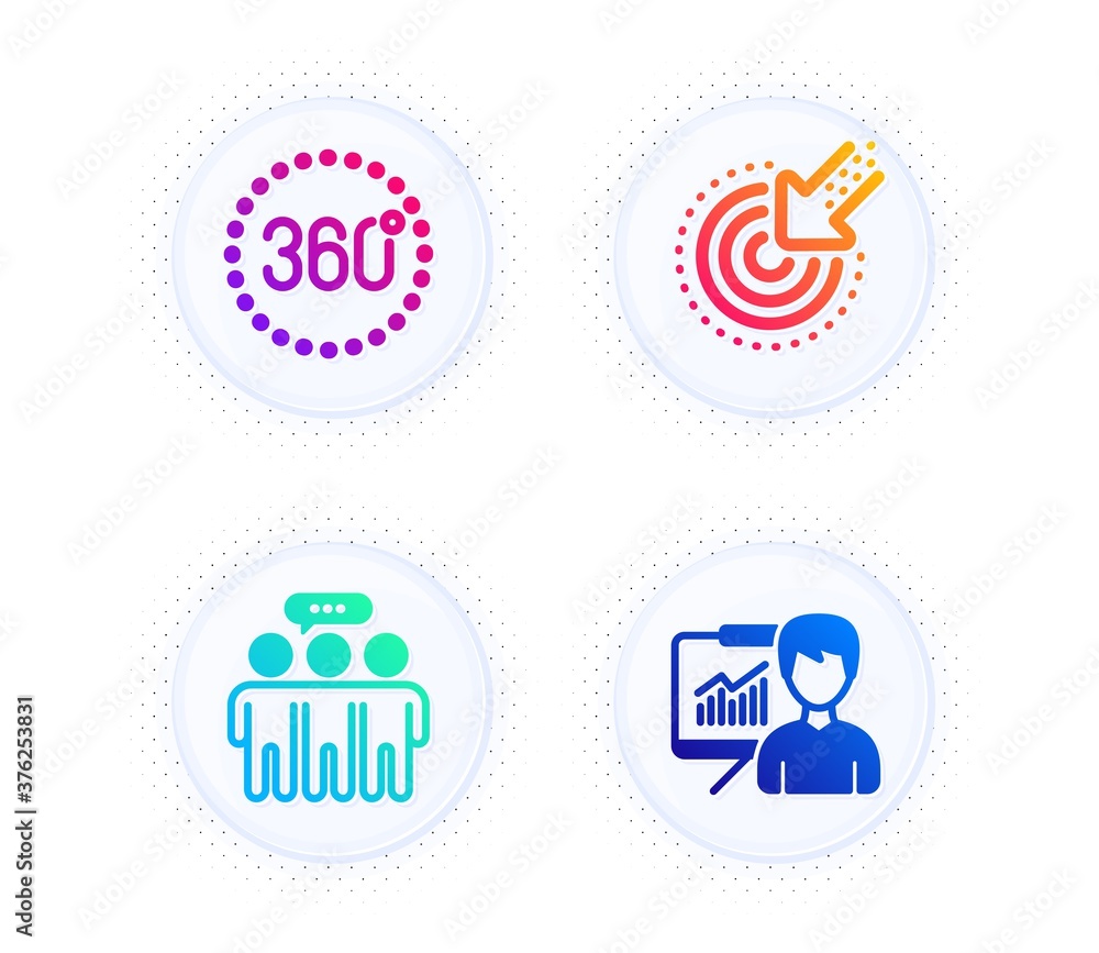 Employees group, Targeting and 360 degrees icons simple set. Button with halftone dots. Presentation sign. Collaboration, Click, Panoramic view. Education board. Science set. Vector