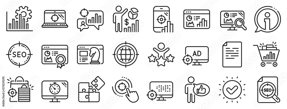 Set of Increase sales, Business Ad strategy and Website optimization icons. Seo line icons. Puzzle, Web seo timer and Analytics increase graph. Search engine, Ad sales pie chart, like icon. Vector Set of Increase sales, Business Ad strategy and Website optimization icons. Seo line icons. Puzzle, Web seo timer and Analytics increase graph. Search engine, Ad sales pie chart, like icon. Vector