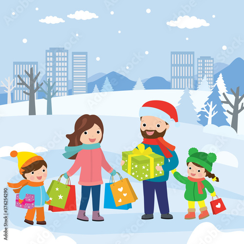 Cartoon happy family before christmas. Father and son with gift boxes  mother and daughter with shopping bags.