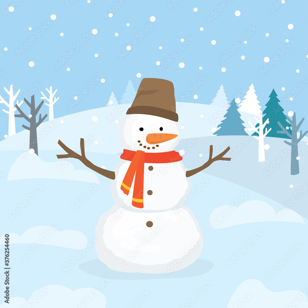 Fototapeta premium Cartoon snowman standing in park. Winter landscape.New year or christmas background.
