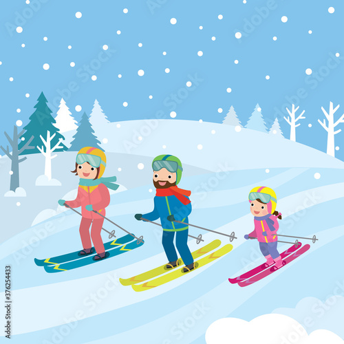 Cute cartoon caucasian people are skiing. Wintertime, outdoors activities.