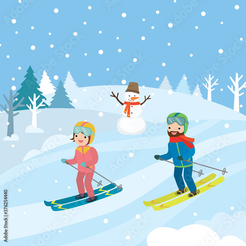 Cute cartoon caucasian people are skiing. Wintertime, outdoors activities. Love couple enjoy sports.