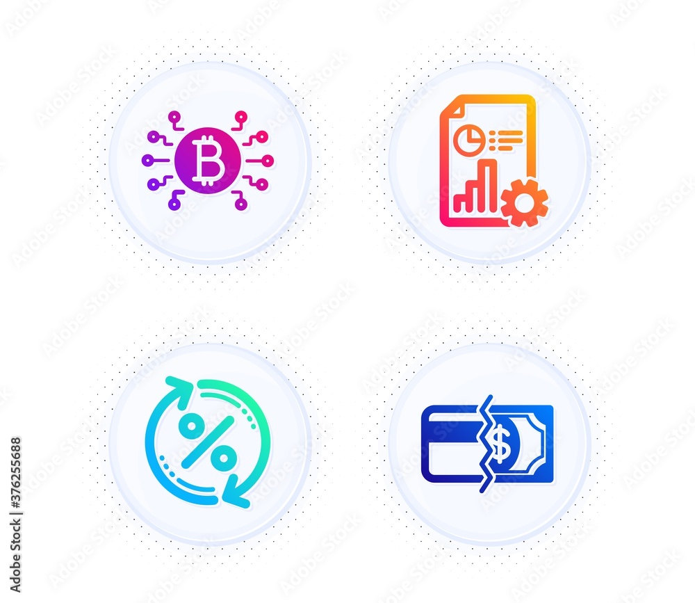 Report, Bitcoin system and Loan percent icons simple set. Button with halftone dots. Payment methods sign. Presentation document, Cryptocurrency scheme, Change rate. Credit card. Finance set. Vector